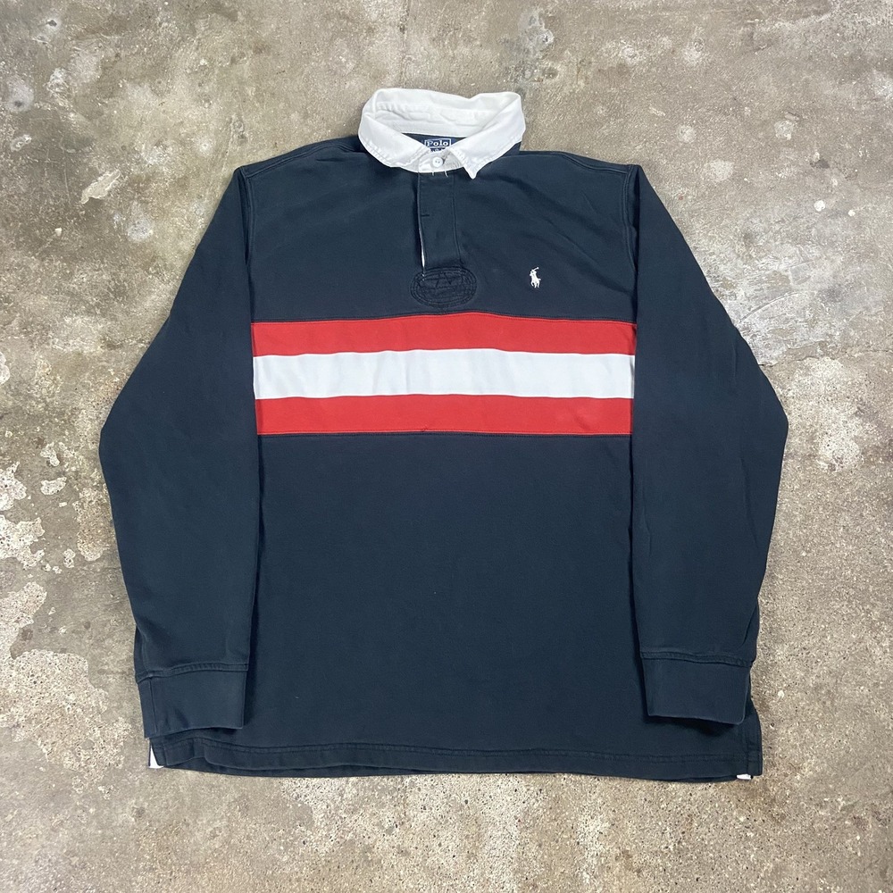 Vintage 90s Polo Ralph Lauren Rugby Shirt Size XL Black Red Striped White Pony